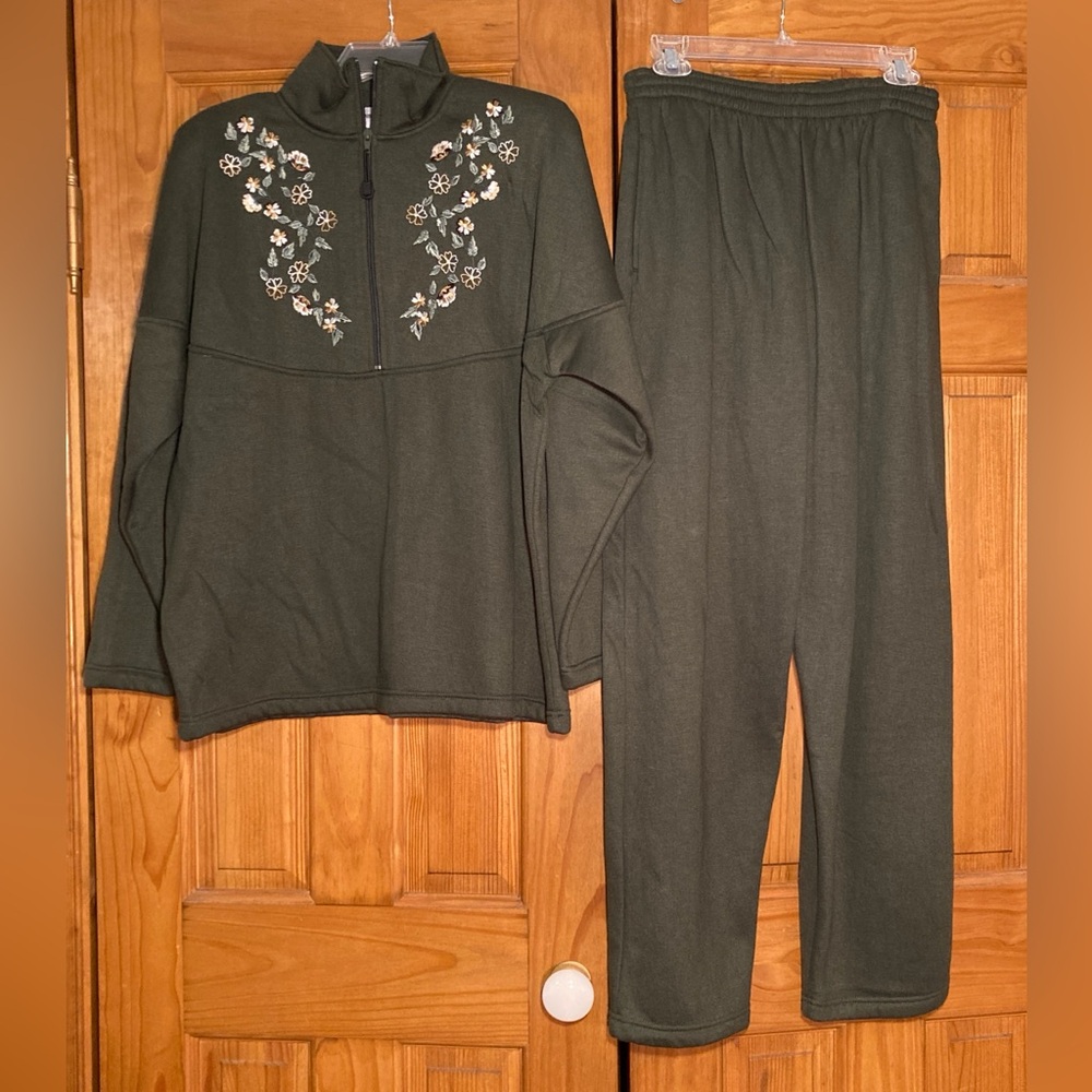 NWOT Bonnie Evans Sport Vintage 90s Fleece Cardigan & Pants Set Green L Large